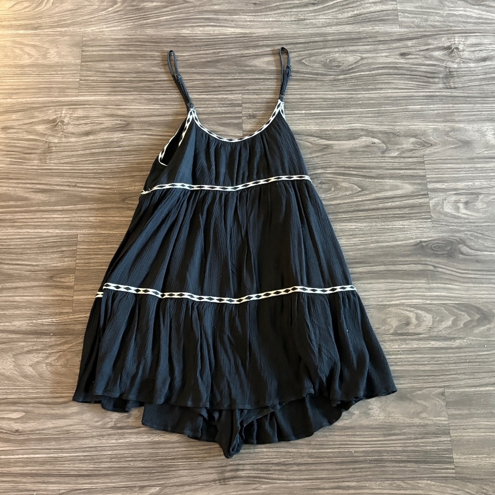 Mustard Seed Black and White Tape Trim Shirred Tiered Romper Dress - Picture 3 of 6
